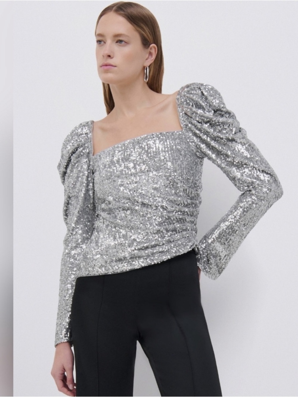NWT Jonathan Simkai $495 Silver Sequin Puff-Sleeve Square-Neck Top size small*